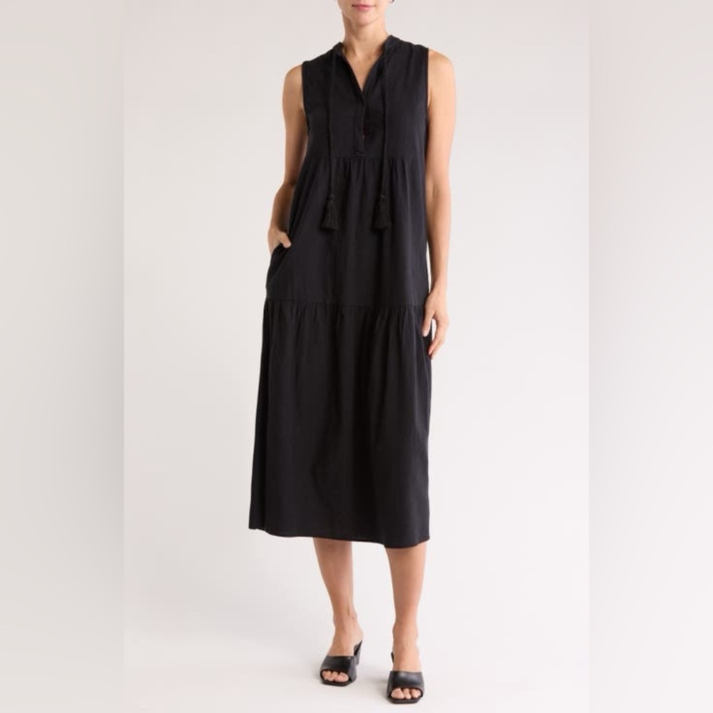 NWT Elan Cotton Flax Tiered Sleeveless Dress with Pockets and Tassels